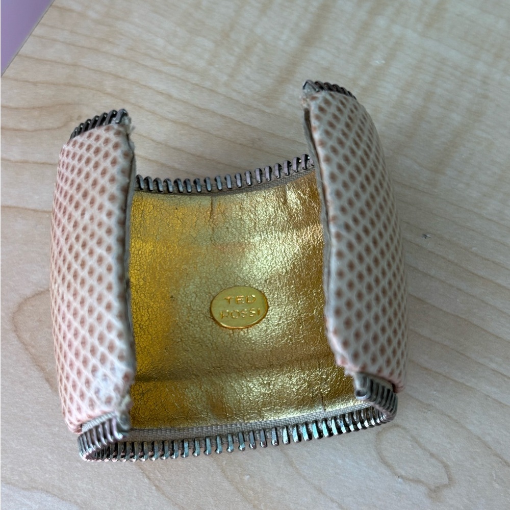 Ted Rossi tan snakeskin cuff bracelet/ fits wrist size 6.5 in/ silver to… - Picture 5 of 6